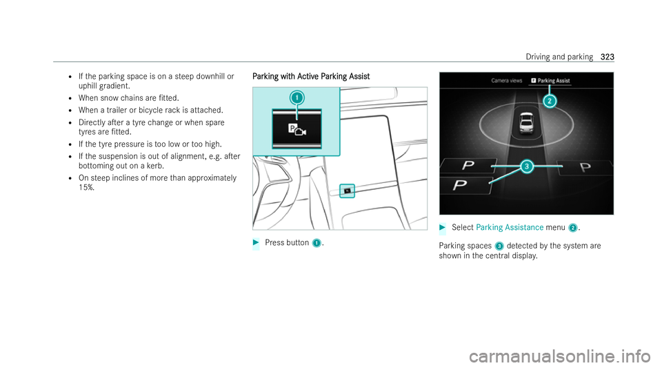 MERCEDES-BENZ S-CLASS SALOON LONG 2021  Owners Manual R
Ifth e parking space is on a steep downhill or
uphill gradient.
R When snow chains are /tted.
R When a trailer or bicycle rack is attached.
R Directly aTer a tyre change or when spare
tyres are /