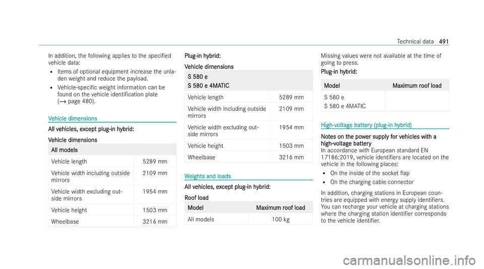 MERCEDES-BENZ S-CLASS SALOON LONG 2021  Owners Manual In addition,
thefo llowing applies tothe speci/ed
ve hicle data:
R Items of optional equipment increase the unla-
den weight and reduce the pa yload.
R Vehicle-speci/c weight information can be
fo u