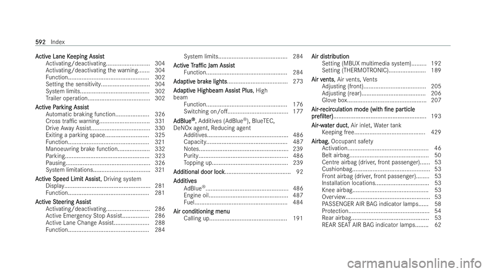 MERCEDES-BENZ S-CLASS SALOON LONG 2021  Owners Manual A
A
ctiv
ctiv e Lane K
e Lane K eeping Assist
eeping Assist
Ac tivating/deactivating.......................... 304
Ac tivating/deactivating thewa rning....... 304
Fu nction............................