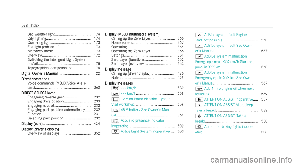 MERCEDES-BENZ S-CLASS SALOON LONG 2021  Owners Manual Bad
weather light................................... 174
City lighting........................................... .174
Cornering light....................................... 173
Fo g light (enhanced).