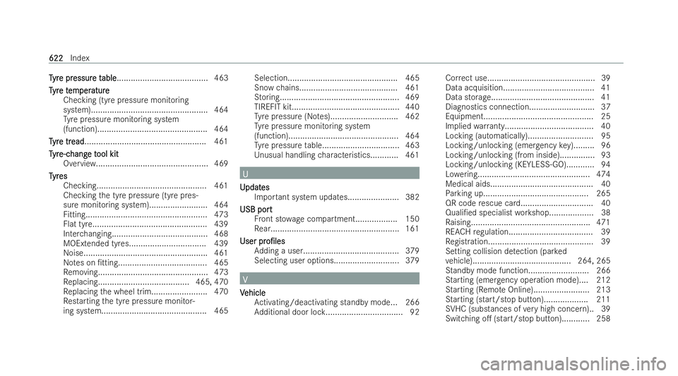 MERCEDES-BENZ S-CLASS SALOON LONG 2021  Owners Manual T
T
yr
yr e pr
e pr essur
essur e t
e table
able .......................................4 63
T
T yr
yr e t
e t em
em per
per ature
ature
Checking (tyre pressure monitoring
system).....................