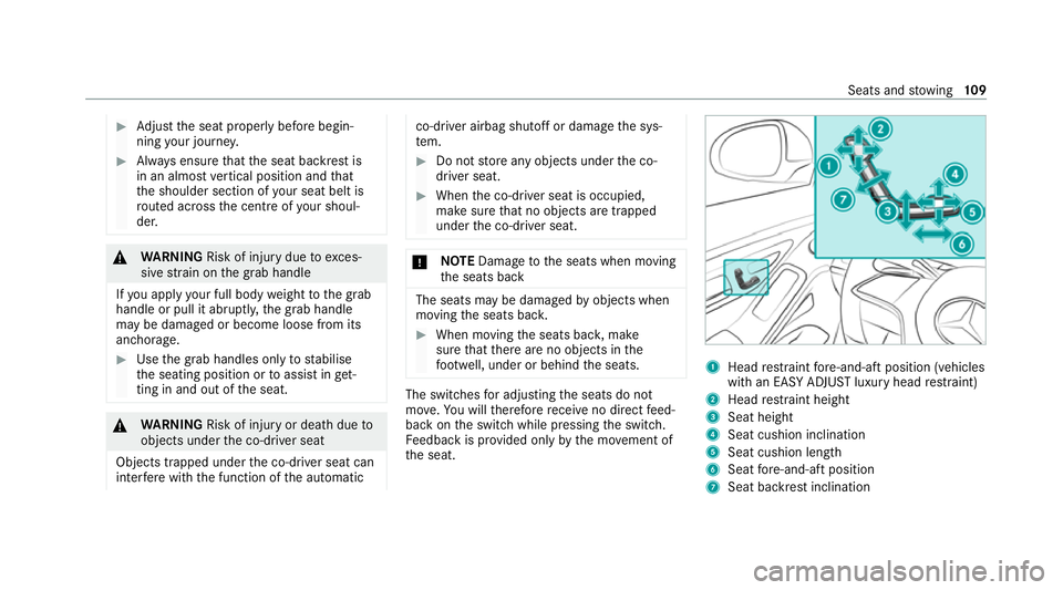 MERCEDES-BENZ S-CLASS SALOON LONG 2020 Owners Manual #
Adjust the seat proper lybefore begin‐
ning your journe y. #
Alw ays ensure that the seat backrest is
in an almost vertical position and that
th e shoulder section of your seat belt is
ro uted acr MERCEDES-BENZ S-CLASS SALOON LONG 2020 Owners Manual #
Adjust the seat proper lybefore begin‐
ning your journe y. #
Alw ays ensure that the seat backrest is
in an almost vertical position and that
th e shoulder section of your seat belt is
ro uted acr