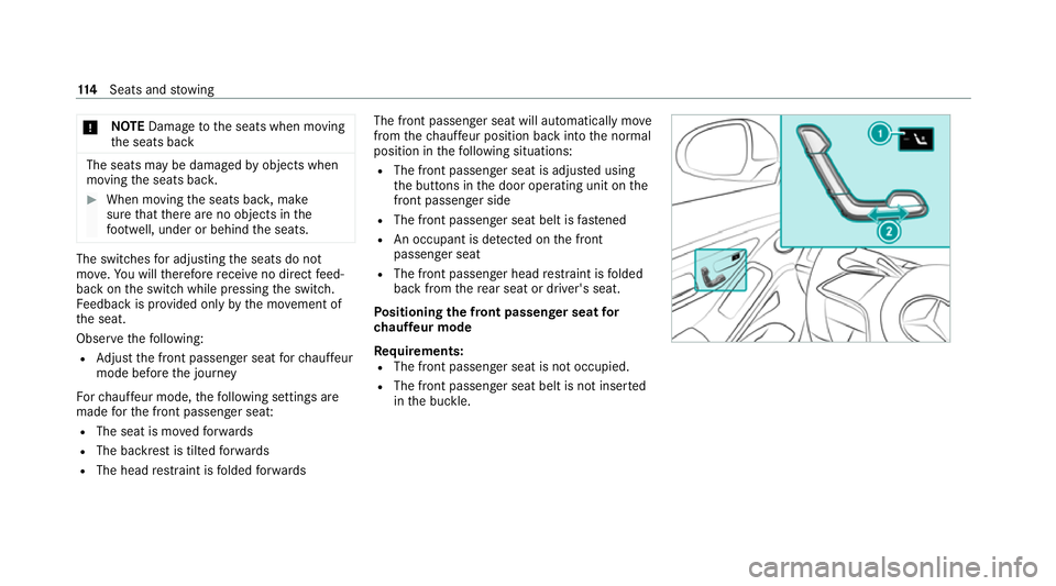 MERCEDES-BENZ S-CLASS SALOON LONG 2020 Owners Manual *
NO
TEDama getothe seats when moving
th e seats back The seats may be damaged
byobjects when
moving the seats bac k. #
When moving the seats bac k,make
sure that there are no objects in the
fo ot we MERCEDES-BENZ S-CLASS SALOON LONG 2020 Owners Manual *
NO
TEDama getothe seats when moving
th e seats back The seats may be damaged
byobjects when
moving the seats bac k. #
When moving the seats bac k,make
sure that there are no objects in the
fo ot we