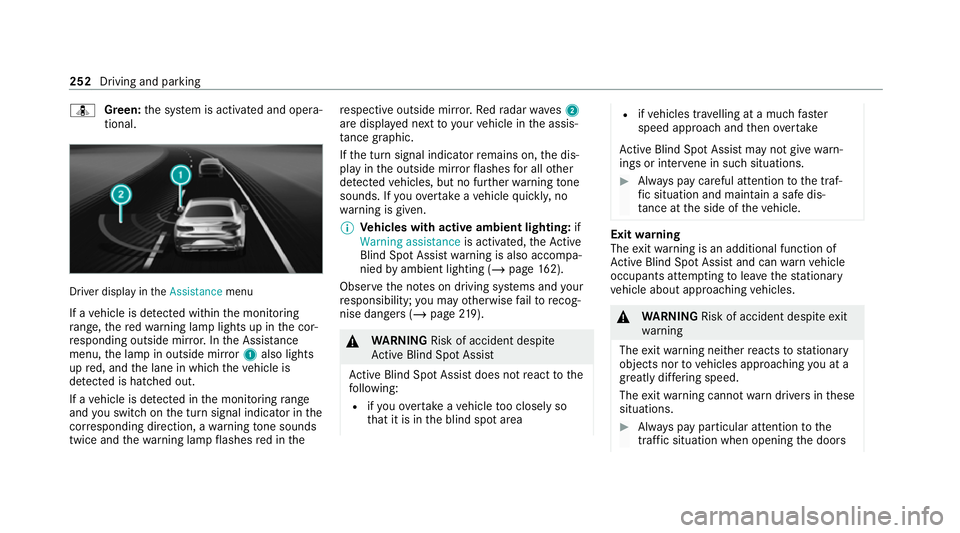 MERCEDES-BENZ S-CLASS SALOON LONG 2020 Owners Manual ¸
Green: the sy stem is activated and opera‐
tional. Driver display in
theAssistance menu
If a vehicle is de tected wi thin the monitoring
ra nge, there dwa rning lamp lights up in the cor‐
re sp MERCEDES-BENZ S-CLASS SALOON LONG 2020 Owners Manual ¸
Green: the sy stem is activated and opera‐
tional. Driver display in
theAssistance menu
If a vehicle is de tected wi thin the monitoring
ra nge, there dwa rning lamp lights up in the cor‐
re sp