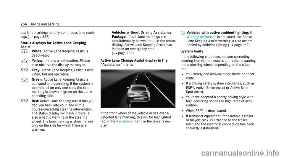 MERCEDES-BENZ S-CLASS SALOON LONG 2020 Owners Manual ous lane markings or only continuous lane mark‐
ings (/
page 257).
St atus displa ysforAc tive Lane Keeping
Assist
ï White:Ac tive Lane Keeping Assist is
deactivated.
ï Yello w: there is a malfunc MERCEDES-BENZ S-CLASS SALOON LONG 2020 Owners Manual ous lane markings or only continuous lane mark‐
ings (/
page 257).
St atus displa ysforAc tive Lane Keeping
Assist
ï White:Ac tive Lane Keeping Assist is
deactivated.
ï Yello w: there is a malfunc