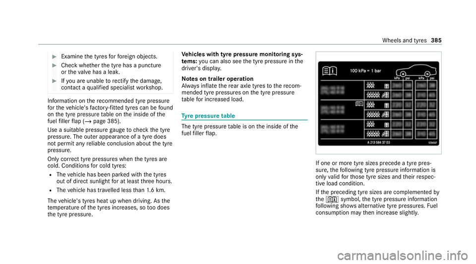MERCEDES-BENZ S-CLASS SALOON LONG 2020 Owners Manual #
Examine the tyres forfo re ign objects. #
Check whe ther the tyre has a puncture
or theva lve has a leak. #
Ifyo u are unable torectify the damage,
conta ct aqualified specialist workshop. Informati MERCEDES-BENZ S-CLASS SALOON LONG 2020 Owners Manual #
Examine the tyres forfo re ign objects. #
Check whe ther the tyre has a puncture
or theva lve has a leak. #
Ifyo u are unable torectify the damage,
conta ct aqualified specialist workshop. Informati