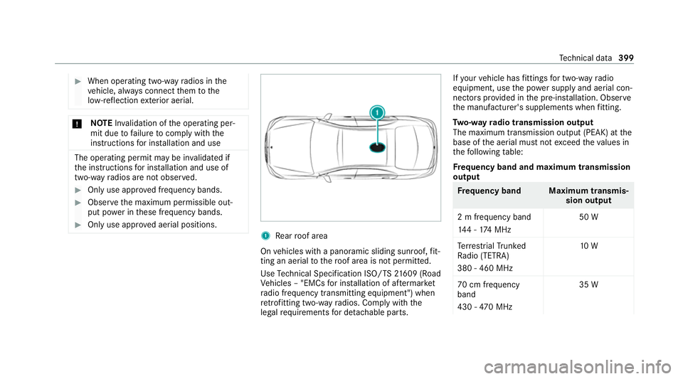 MERCEDES-BENZ S-CLASS SALOON LONG 2020 Owners Manual #
When operating two-w ayradios in the
ve hicle, alw ays connect them tothe
lo w- reflection exterior aerial. *
NO
TEInva lidation of the operating per‐
mit due tofailure tocomply wi th the
instruct MERCEDES-BENZ S-CLASS SALOON LONG 2020 Owners Manual #
When operating two-w ayradios in the
ve hicle, alw ays connect them tothe
lo w- reflection exterior aerial. *
NO
TEInva lidation of the operating per‐
mit due tofailure tocomply wi th the
instruct