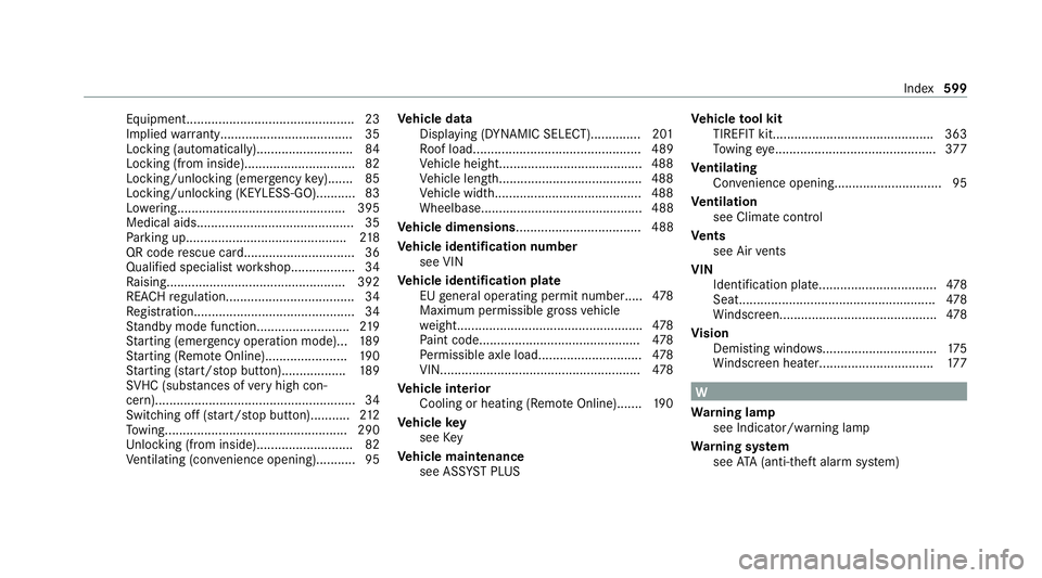 MERCEDES-BENZ S-CLASS SALOON LONG 2020  Owners Manual Equipment............................................... 23
Implied warrant y..................................... 35
Locking (automatically). ..........................84
Locking (from inside).......