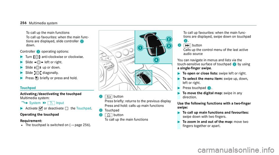 MERCEDES-BENZ S-CLASS COUPE 2017 Owners Manual To
cal lupt he main functions
To cal lupf avourites: when them ain func‐
tion saredispla yed, slide controller 2
down.
Cont roller 2operatin goptions: #
Turn 3 anti-clockwis eorclock wise. #
Slide 1 MERCEDES-BENZ S-CLASS COUPE 2017 Owners Manual To
cal lupt he main functions
To cal lupf avourites: when them ain func‐
tion saredispla yed, slide controller 2
down.
Cont roller 2operatin goptions: #
Turn 3 anti-clockwis eorclock wise. #
Slide 1