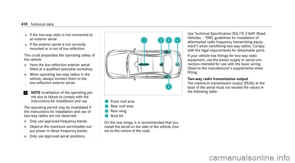 MERCEDES-BENZ S-CLASS COUPE 2017  Owners Manual R
ifth et wo -way radio is no tconnec tedto
an exterior aerial
R ifth ee xterio raerial is no tcorrectly
mounted or is no toflowreflection
This could jeopardise theo perating saf etyof
th ev ehicle. #