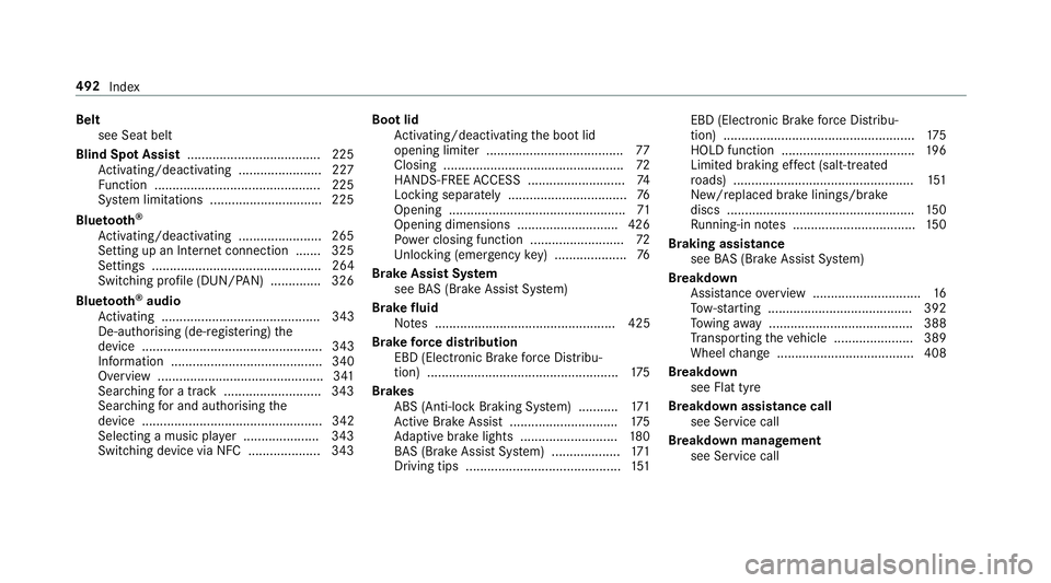 MERCEDES-BENZ S-CLASS COUPE 2017 Owners Manual Belt
see Sea tbelt
Blind Spo tAssist ..................................... 225
Ac tivating/deactivating ...................... .227
Fu nctio n.............................................. 225
Sy stem MERCEDES-BENZ S-CLASS COUPE 2017 Owners Manual Belt
see Sea tbelt
Blind Spo tAssist ..................................... 225
Ac tivating/deactivating ...................... .227
Fu nctio n.............................................. 225
Sy stem