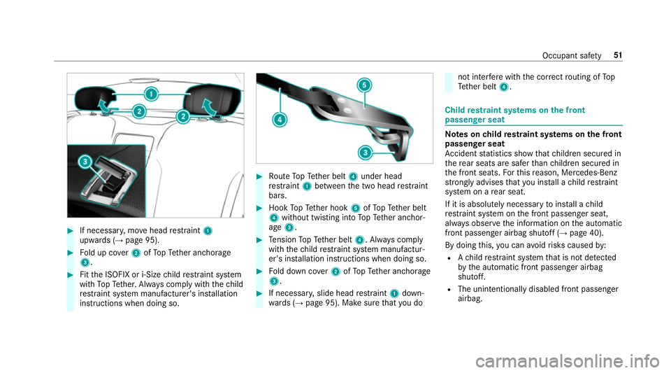 MERCEDES-BENZ S-CLASS COUPE 2017 Workshop Manual #
If necessar y,mo vehead restra int 1
upwards (→ page95). #
Fold up co ver2ofTopT ether anchorage
3. #
FittheI SOFIX or i-Siz echild restra int sy stem
wit hTop Tether.A lway sc omply wit hthe chil