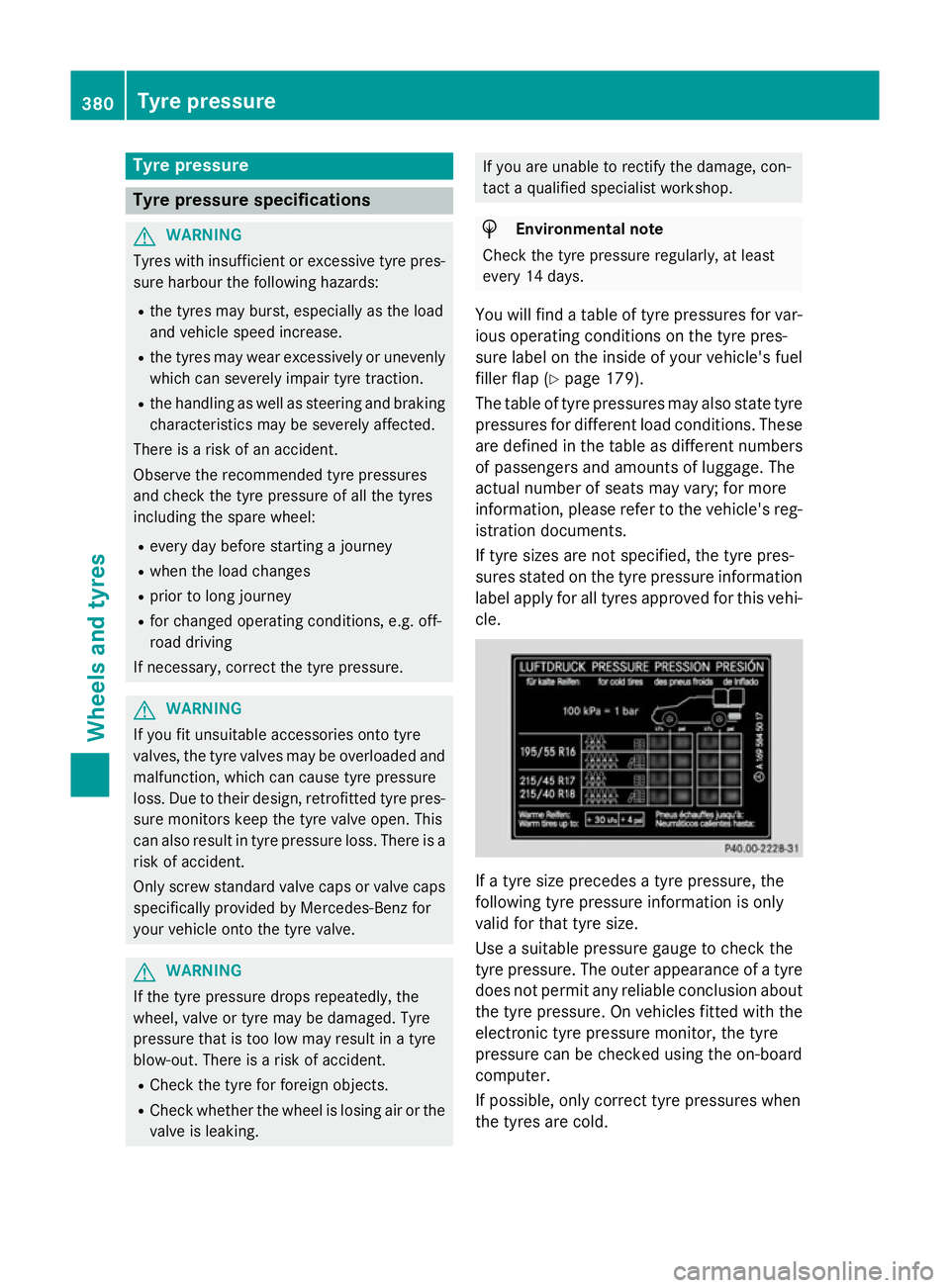 MERCEDES-BENZ S-CLASS COUPE 2015 Owners Manual Tyre pressure
Tyre pressure specifications
G
WARNING
Tyres with insufficient or excessive tyre pres- sure harbour the following hazards:
R the tyres may burst, especially as the load
and vehicle speed MERCEDES-BENZ S-CLASS COUPE 2015 Owners Manual Tyre pressure
Tyre pressure specifications
G
WARNING
Tyres with insufficient or excessive tyre pres- sure harbour the following hazards:
R the tyres may burst, especially as the load
and vehicle speed