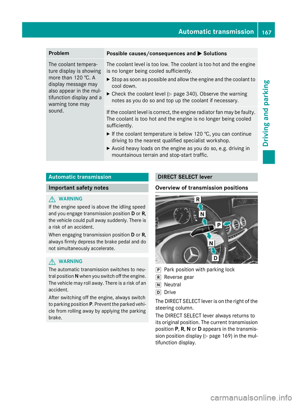 MERCEDES-BENZ S-CLASS COUPE 2014 Owners Manual Problem
Possible causes/consequences and
M
MSolutions The coolant tempera-
ture display is showing
more than 120 †. A
display message may
also appear in the mul-
tifunction display and a
warning ton MERCEDES-BENZ S-CLASS COUPE 2014 Owners Manual Problem
Possible causes/consequences and
M
MSolutions The coolant tempera-
ture display is showing
more than 120 †. A
display message may
also appear in the mul-
tifunction display and a
warning ton