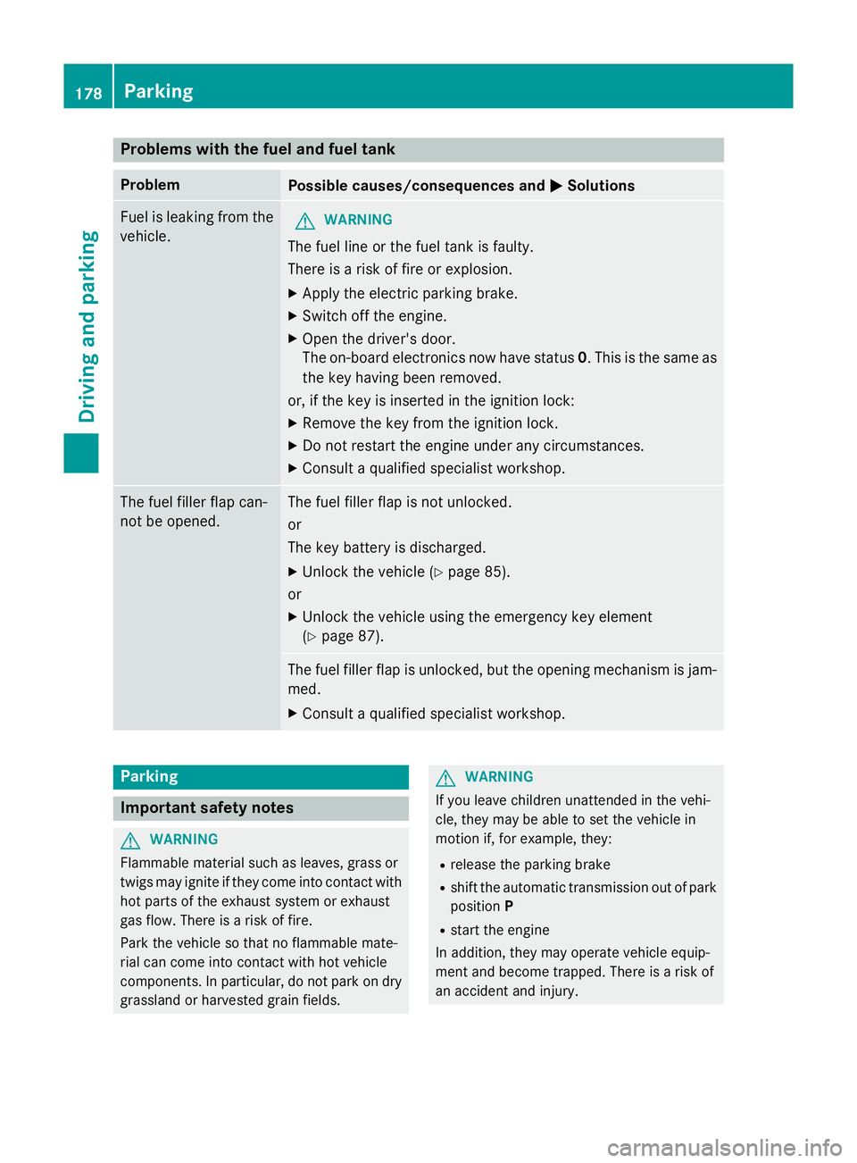 MERCEDES-BENZ S-CLASS COUPE 2014 Owners Manual Problems with the fuel and fuel tank
Problem
Possible causes/consequences and
M
MSolutions Fuel is leaking from the
vehicle. G
WARNING
The fuel line or the fuel tank is faulty.
There is a risk of fire MERCEDES-BENZ S-CLASS COUPE 2014 Owners Manual Problems with the fuel and fuel tank
Problem
Possible causes/consequences and
M
MSolutions Fuel is leaking from the
vehicle. G
WARNING
The fuel line or the fuel tank is faulty.
There is a risk of fire