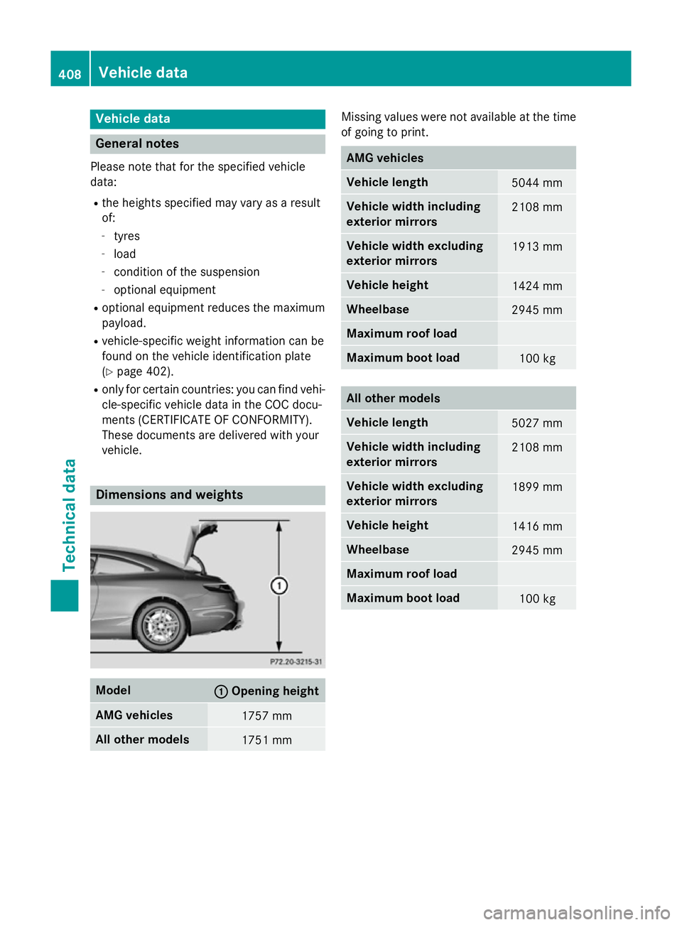 MERCEDES-BENZ S-CLASS COUPE 2014  Owners Manual Vehicle data
General notes
Please note that for the specified vehicle
data:
R the heights specified may vary as a result
of:
- tyres
- load
- condition of the suspension
- optional equipment
R optiona