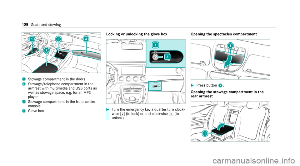 MERCEDES-BENZ S-CLASS CABRIOLET 2017  Owners Manual 1
Stow agec ompartment in thed oors
2 Stow age/telephon ecompartment in the
armres twithm ultimedia and US Bports as
we ll as stow ages pace, e.g .for an MP3
pla yer
3 Stow agec ompartment in thef ron