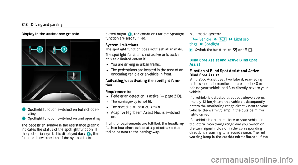 MERCEDES-BENZ S-CLASS CABRIOLET 2017 Owners Manual Displa
yinthe assistance graphic 1
Spotligh tfunction switched on but no toper‐
ating
2 Spotligh tfunction switched on and operating
The pedestrians ymbol inthea ssis tance graphic
indica test he st MERCEDES-BENZ S-CLASS CABRIOLET 2017 Owners Manual Displa
yinthe assistance graphic 1
Spotligh tfunction switched on but no toper‐
ating
2 Spotligh tfunction switched on and operating
The pedestrians ymbol inthea ssis tance graphic
indica test he st