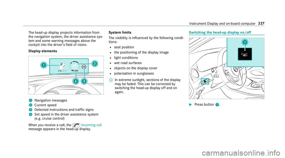 MERCEDES-BENZ S-CLASS CABRIOLET 2017 Owners Manual The head-up displa
yprojectsi nformation from
th en avigation sy stem, thed rive ra ssis tance sys‐
te ma nd some warning messages abo vethe
cockpit int othe driver's field of vision.
Displa yel MERCEDES-BENZ S-CLASS CABRIOLET 2017 Owners Manual The head-up displa
yprojectsi nformation from
th en avigation sy stem, thed rive ra ssis tance sys‐
te ma nd some warning messages abo vethe
cockpit int othe driver's field of vision.
Displa yel