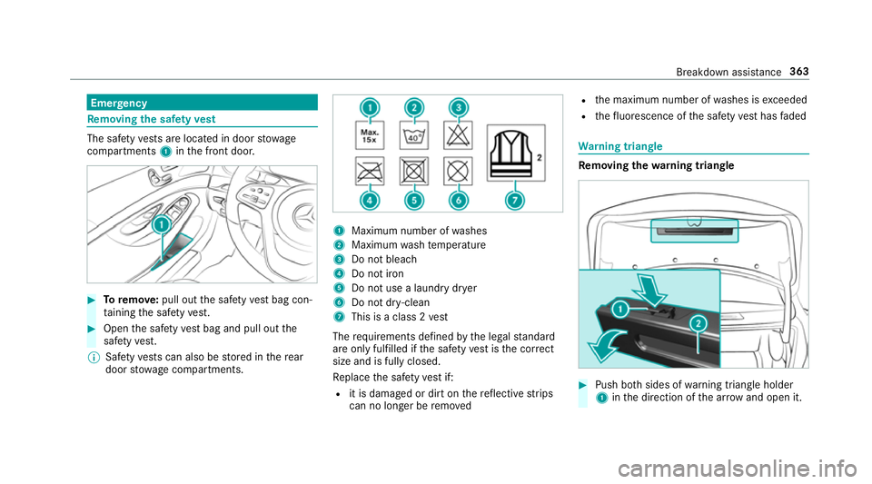 MERCEDES-BENZ S-CLASS CABRIOLET 2017  Owners Manual Emer
gency Re
moving the saf etyv est The saf
etyv ests ar elocated in door stowage
compartments 1inthef ront door. #
Toremo ve: pull out thes afet yv estb ag con‐
ta inin gthe saf etyv est. #
Open 