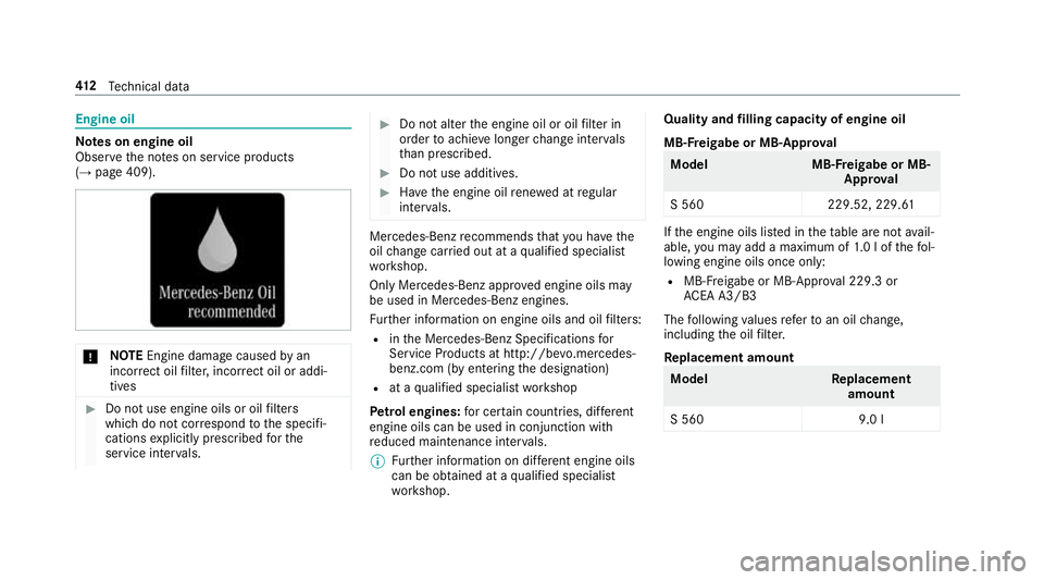MERCEDES-BENZ S-CLASS CABRIOLET 2017  Owners Manual Engine oil
Note
sone ngine oil
Obser vethen otes on service products
(→ pag e409). *
NO
TEEngine damag ecaused byan
incor rect oil filter ,incor rect oil or addi‐
tives #
Do no tuse engine oil sor