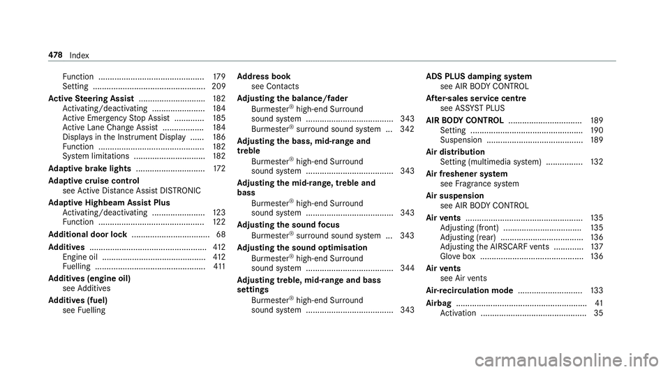 MERCEDES-BENZ S-CLASS CABRIOLET 2017 Owners Manual Fu
nctio n.............................................. 17 9
Setting ................................................. 209
Ac tiv eS teering Assist ............................ .182
Ac tivating/deact MERCEDES-BENZ S-CLASS CABRIOLET 2017 Owners Manual Fu
nctio n.............................................. 17 9
Setting ................................................. 209
Ac tiv eS teering Assist ............................ .182
Ac tivating/deact