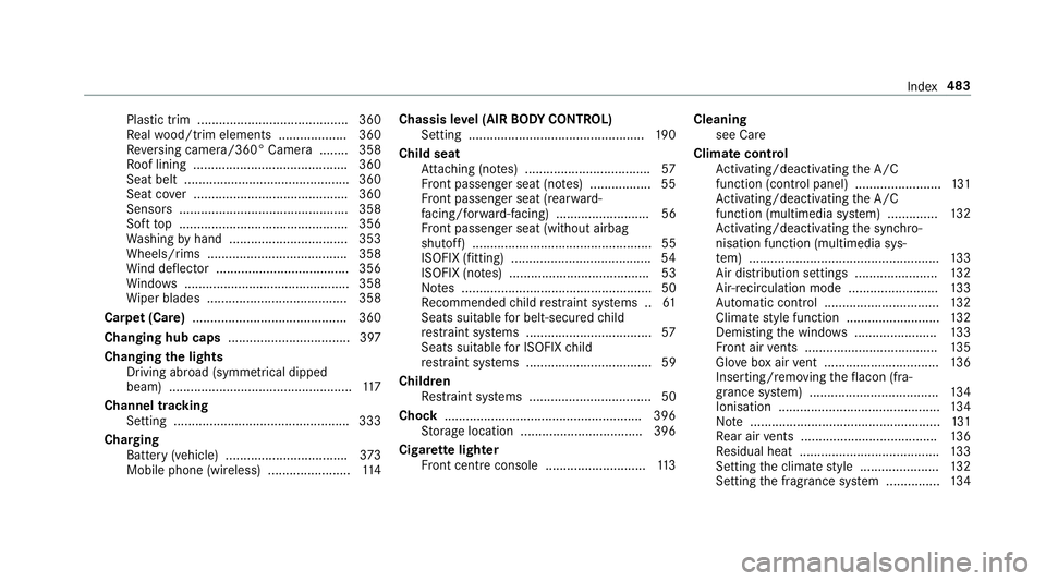 MERCEDES-BENZ S-CLASS CABRIOLET 2017 Owners Manual Plastic trim .......................................... 360
Re
alwo od/trim elements ...................3 60
Re versing camera/360° Camer a....... .3 58
Ro of lining ................................. MERCEDES-BENZ S-CLASS CABRIOLET 2017 Owners Manual Plastic trim .......................................... 360
Re
alwo od/trim elements ...................3 60
Re versing camera/360° Camer a....... .3 58
Ro of lining .................................