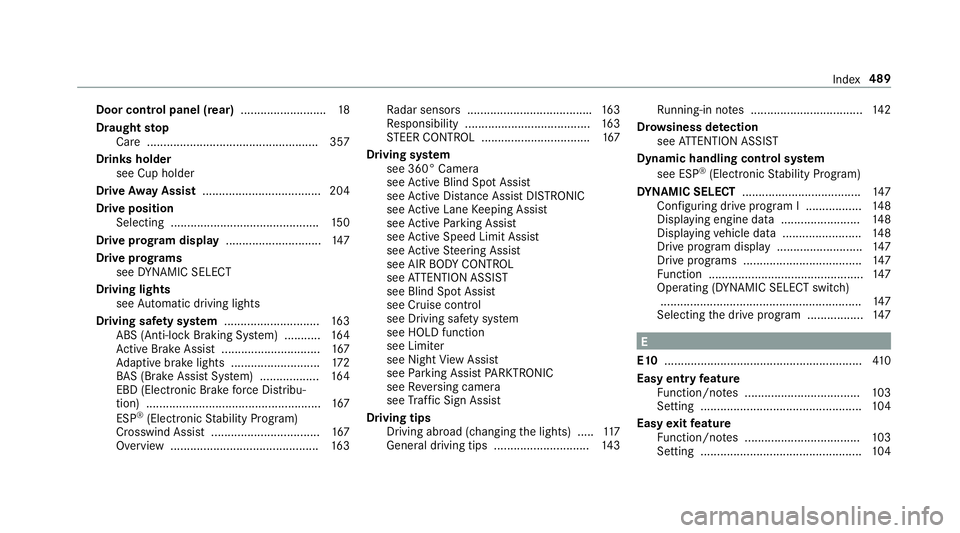 MERCEDES-BENZ S-CLASS CABRIOLET 2017 Owners Manual Door cont
rolp anel (rear) .......................... 18
Draught stop
Car e................................................... .357
Drink sholder
see Cup holder
Driv eAwayA ssist ..................... MERCEDES-BENZ S-CLASS CABRIOLET 2017 Owners Manual Door cont
rolp anel (rear) .......................... 18
Draught stop
Car e................................................... .357
Drink sholder
see Cup holder
Driv eAwayA ssist .....................