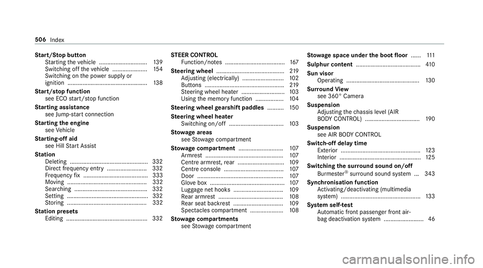 MERCEDES-BENZ S-CLASS CABRIOLET 2017  Owners Manual St
art/S topb utton
St artin gthe vehicle ............................. 13 9
Switching of fthe vehicle ..................... 154
Switching on thep ower supply or
ignition ...... ......................