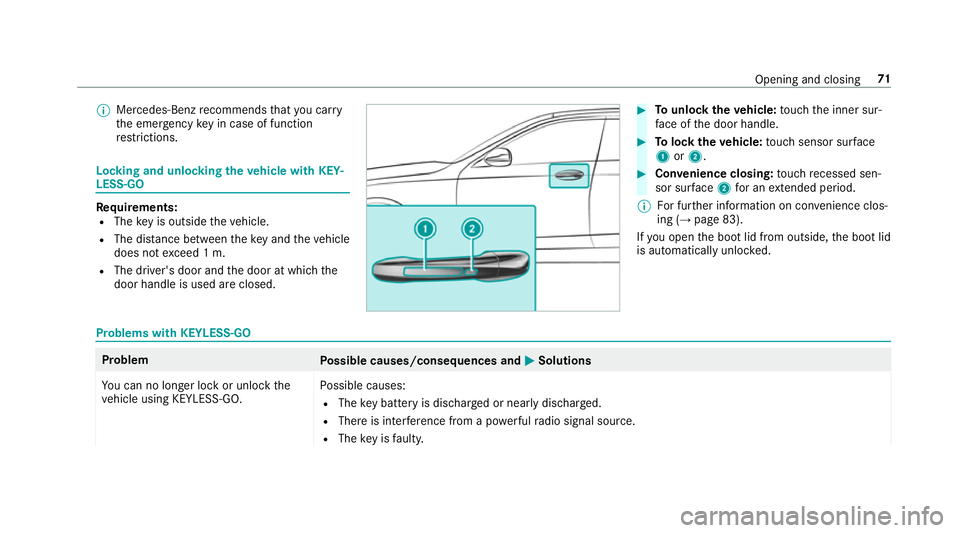 MERCEDES-BENZ S-CLASS CABRIOLET 2017 Manual PDF %
Mercedes-Benzr ecommendsthat youc arry
th ee mer gency keyinc aseoff unction
re strictions. Lo
cking and unlocking thev ehicle wit hKEY‐
LESS-GO Re
quirements:
R The keyiso utside thev ehicle.
R T MERCEDES-BENZ S-CLASS CABRIOLET 2017 Manual PDF %
Mercedes-Benzr ecommendsthat youc arry
th ee mer gency keyinc aseoff unction
re strictions. Lo
cking and unlocking thev ehicle wit hKEY‐
LESS-GO Re
quirements:
R The keyiso utside thev ehicle.
R T