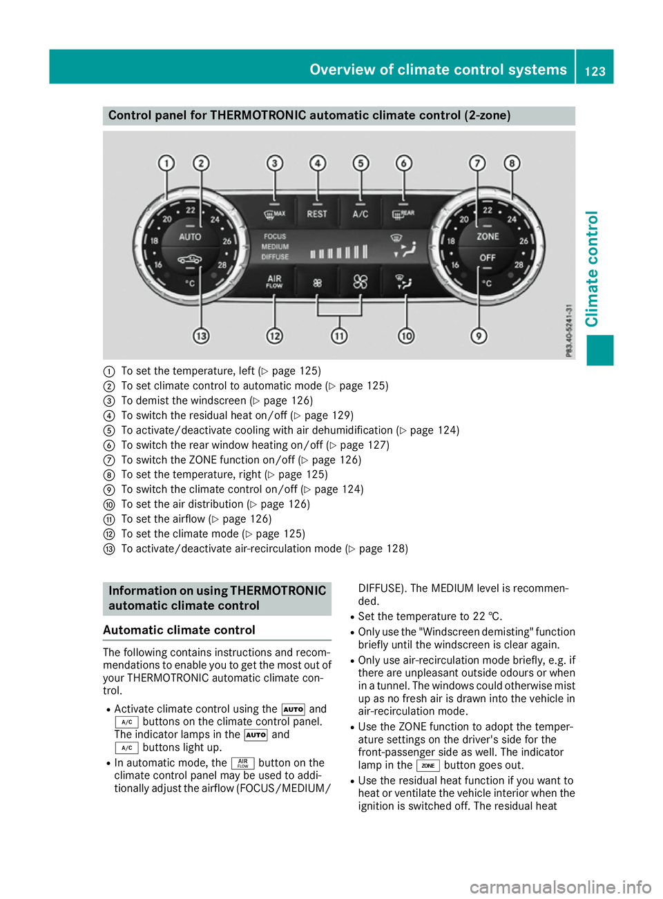 MERCEDES-BENZ SL ROADSTER 2016 User Guide Control panel for THERMOTRONIC automatic climate control (2-zone)
:
To set the temperature, left (Y page 125)
; To set climate control to automatic mode (Y page 125)
= To demist the windscreen (Y page