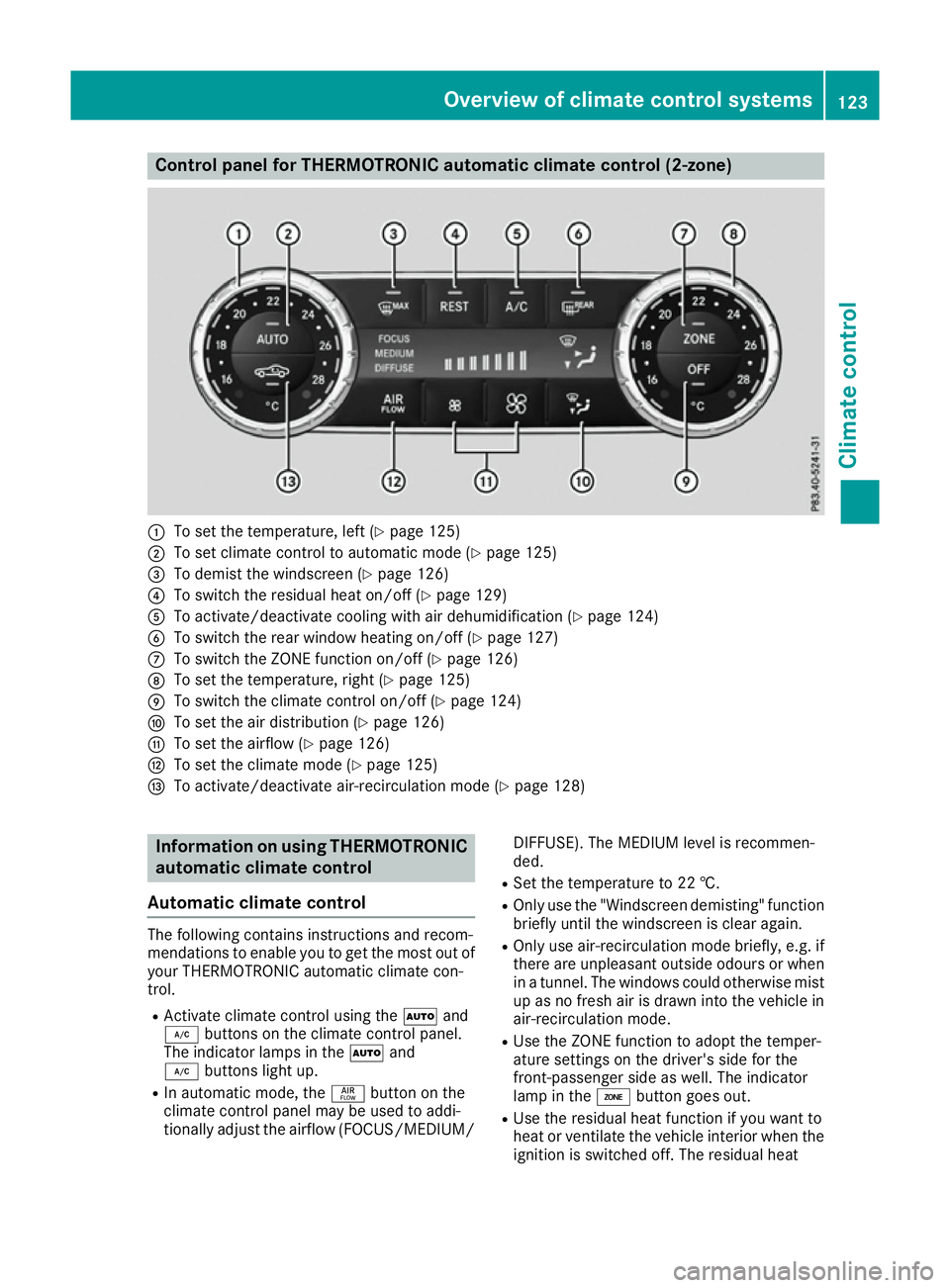 MERCEDES-BENZ SL ROADSTER 2016 Owners Manual Control panel for THERMOTRONIC automatic climate control (2-zone)
:
To set the temperature, left (Y page 125)
; To set climate control to automatic mode (Y page 125)
= To demist the windscreen (Y page MERCEDES-BENZ SL ROADSTER 2016 Owners Manual Control panel for THERMOTRONIC automatic climate control (2-zone)
:
To set the temperature, left (Y page 125)
; To set climate control to automatic mode (Y page 125)
= To demist the windscreen (Y page