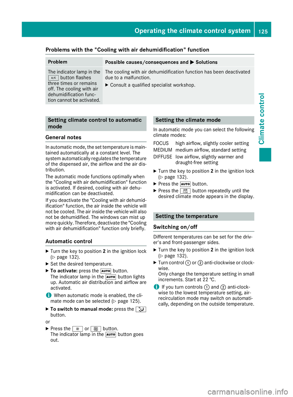 MERCEDES-BENZ SL ROADSTER 2016 User Guide Problems with the "Cooling with air dehumidification" function
Problem
Possible causes/consequences and
M
MSolutions The indicator lamp in the
¿ button flashes
three times or remains
off. The