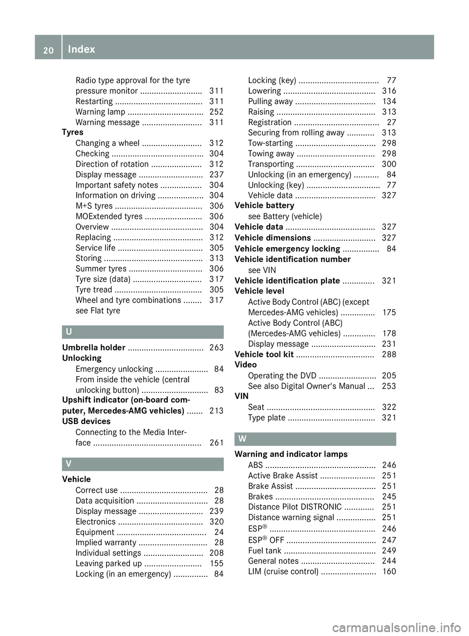 MERCEDES-BENZ SL ROADSTER 2016  Owners Manual Radio type approval for the tyre
pressure monitor ..........................
.311
Restarting ...................................... 311
Warning lamp ................................. 252
Warning messa