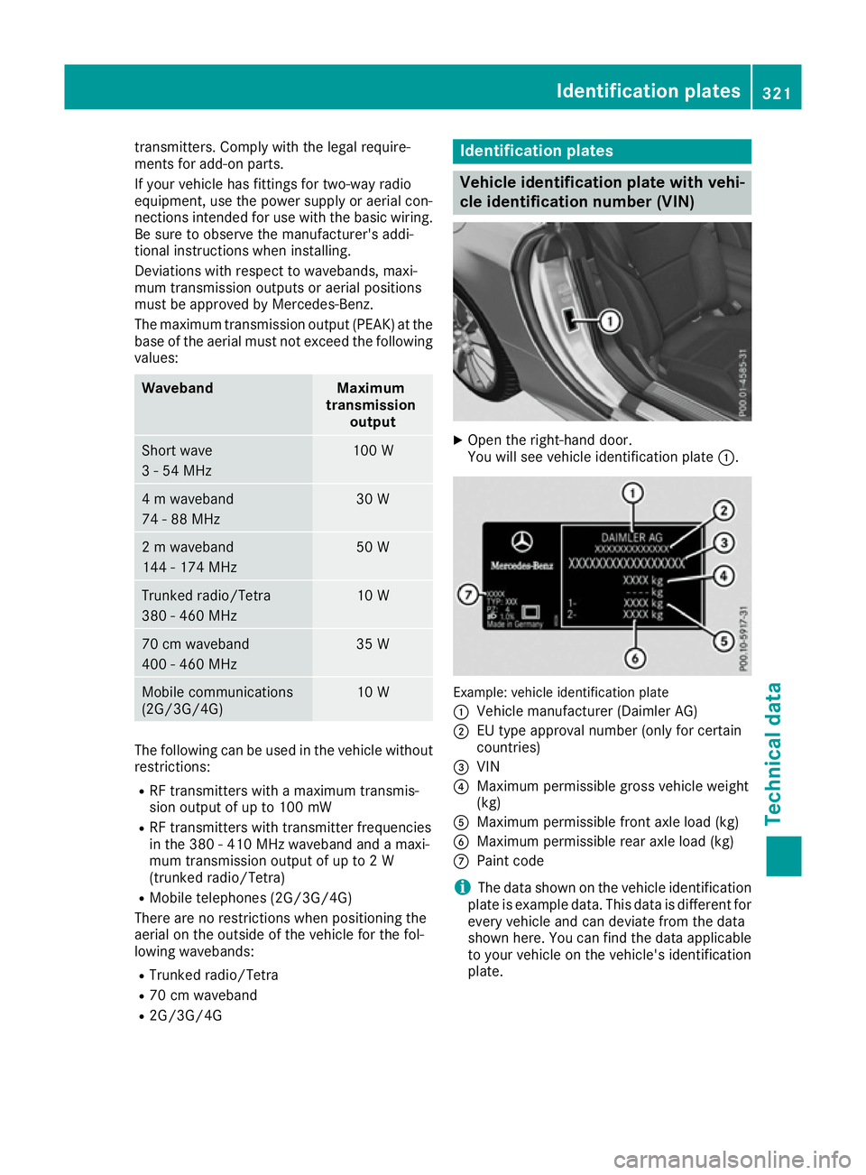 MERCEDES-BENZ SL ROADSTER 2016  Owners Manual transmitters. Comply with the legal require-
ments for add-on parts.
If your vehicle has fittings for two-way radio
equipment, use the power supply or aerial con-
nections intended for use with the ba