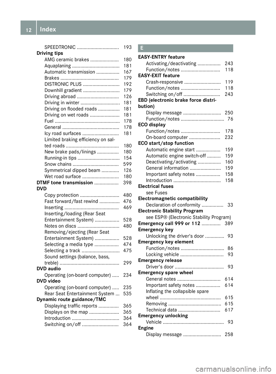 MERCEDES-BENZ SL ROADSTER 2012 User Guide SPEEDTRONIC ............................... 193
Driving tips
AMG ceramic brakes ..................... 180
Aquaplaning ................................... 181
Automatic transmission ................. 1