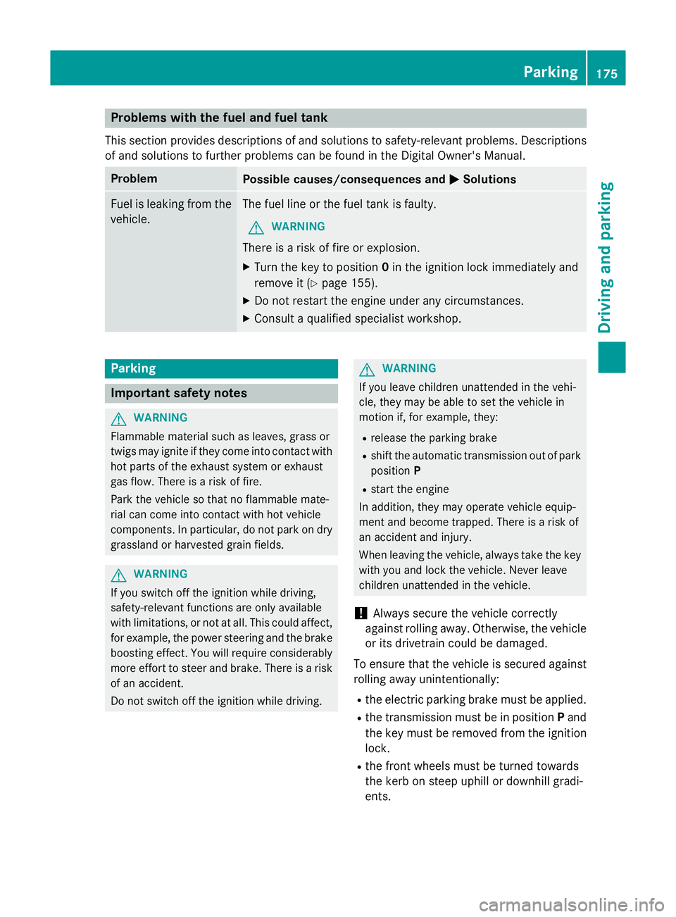 MERCEDES-BENZ SL ROADSTER 2012  Owners Manual Problems with the fuel and fuel tank
This section provides descriptions of and solutions to safety-relevant problems. Descriptions
of and solutions to further problems can be found in the Digital Owne