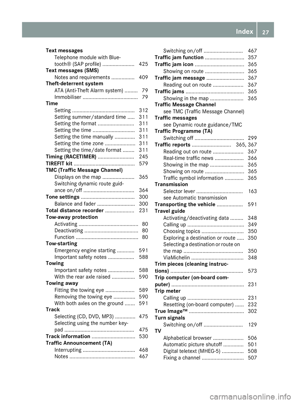 MERCEDES-BENZ SL ROADSTER 2012 Owners Manual Text messages
Telephone module with Blue-
tooth® (SAP profile) ...................... 425
Text messages (SMS)
Notes and requirements ................ 409
Theft-deterrent system
ATA (Anti-Theft Alarm MERCEDES-BENZ SL ROADSTER 2012 Owners Manual Text messages
Telephone module with Blue-
tooth® (SAP profile) ...................... 425
Text messages (SMS)
Notes and requirements ................ 409
Theft-deterrent system
ATA (Anti-Theft Alarm
