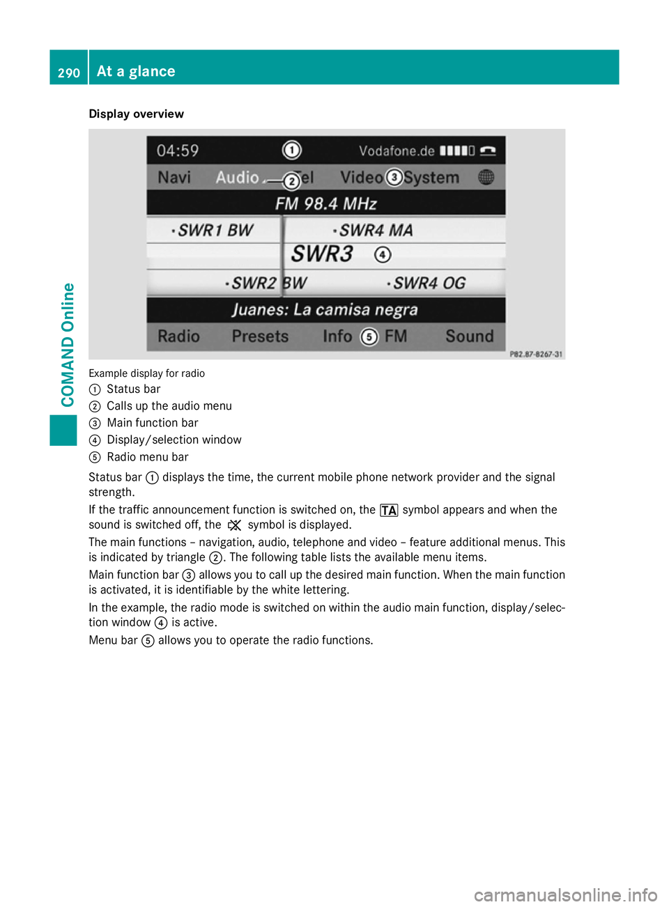 MERCEDES-BENZ SL ROADSTER 2012 Owners Manual Display overview
Example display for radio
:
Status bar
; Calls up the audio menu
= Main function bar
? Display/selection window
A Radio menu bar
Status bar :displays the time, the current mobile phon MERCEDES-BENZ SL ROADSTER 2012 Owners Manual Display overview
Example display for radio
:
Status bar
; Calls up the audio menu
= Main function bar
? Display/selection window
A Radio menu bar
Status bar :displays the time, the current mobile phon