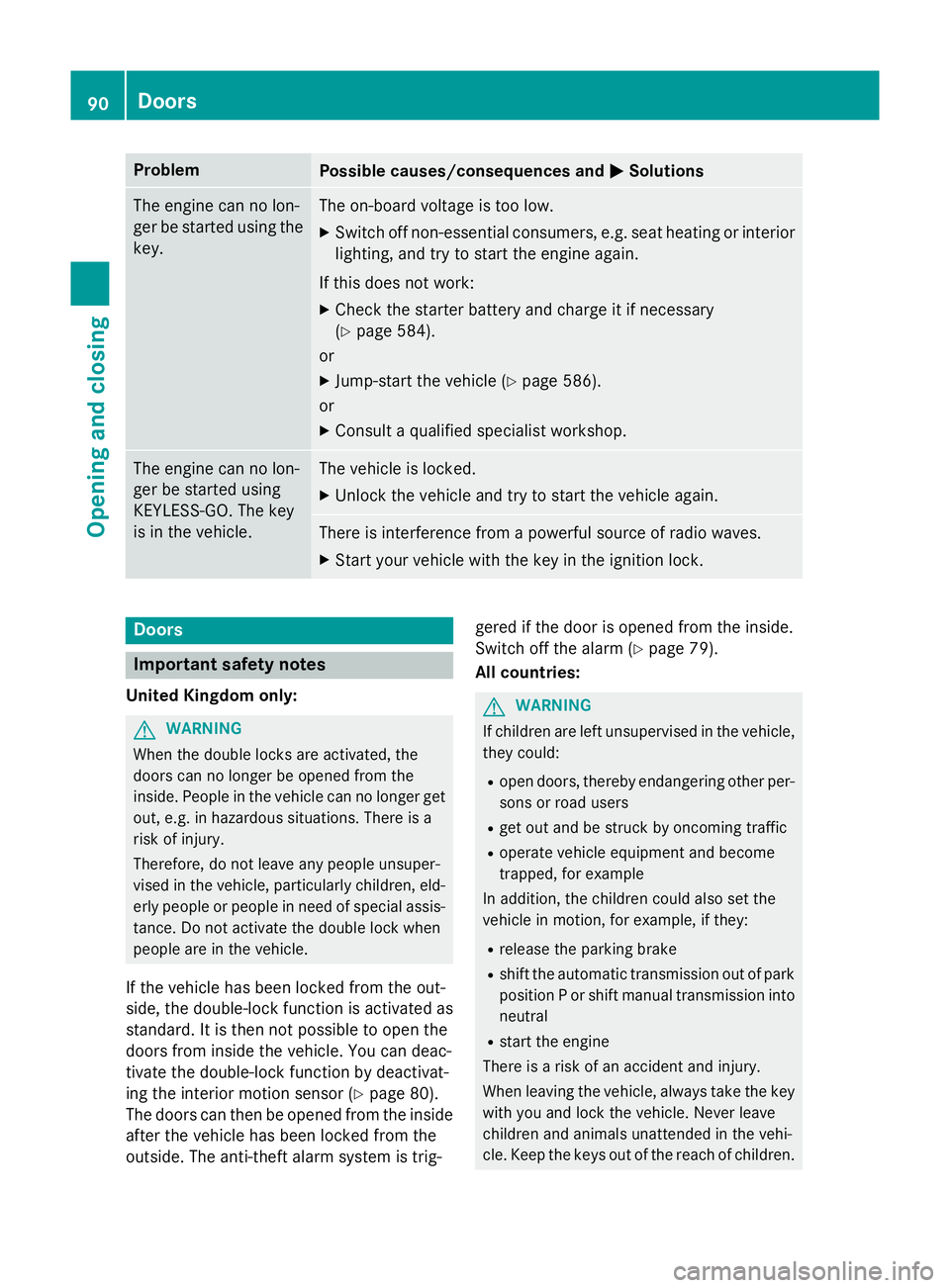 MERCEDES-BENZ SL ROADSTER 2012 Owners Manual Problem
Possible causes/consequences and
M
MSolutions The engine can no lon-
ger be started using the key. The on-board voltage is too low.
X Switch off non-essential consumers, e.g. seat heating or i MERCEDES-BENZ SL ROADSTER 2012 Owners Manual Problem
Possible causes/consequences and
M
MSolutions The engine can no lon-
ger be started using the key. The on-board voltage is too low.
X Switch off non-essential consumers, e.g. seat heating or i
