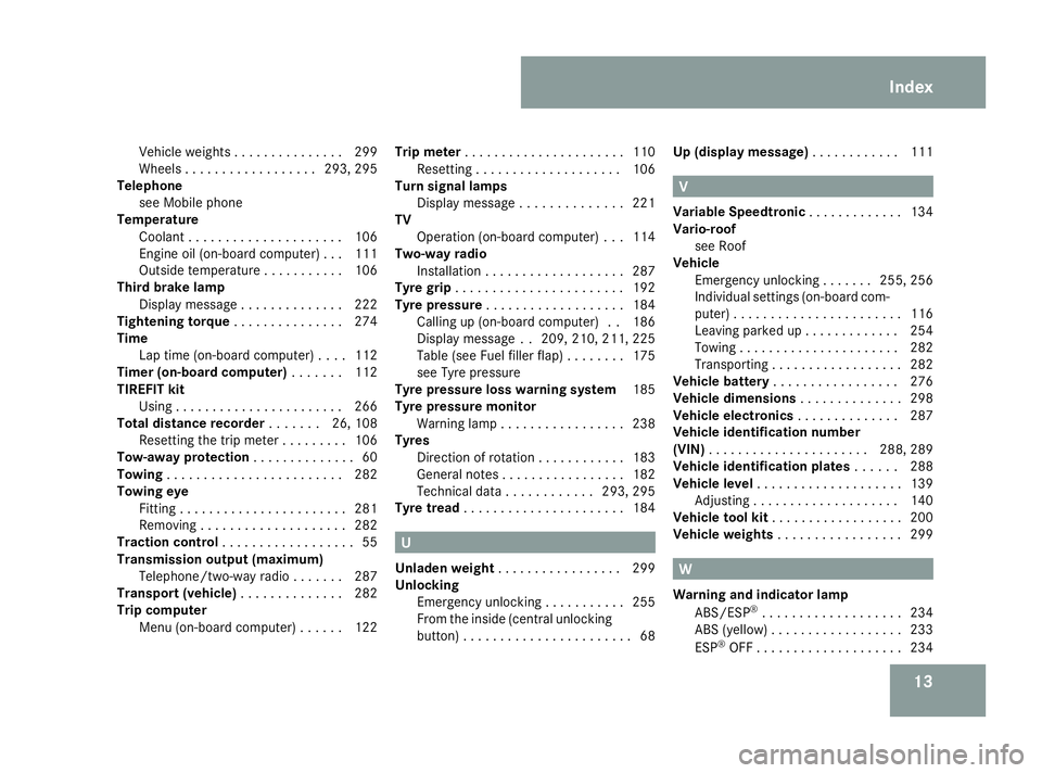MERCEDES-BENZ SL ROADSTER 2008 User Guide 13
Vehicle weights
............... 299
Wheels .................. 293, 295
Telephone
see Mobile phone
Temperature
Coolant ..................... 106
Engine oil (on-board computer) ...111
Outside tempera