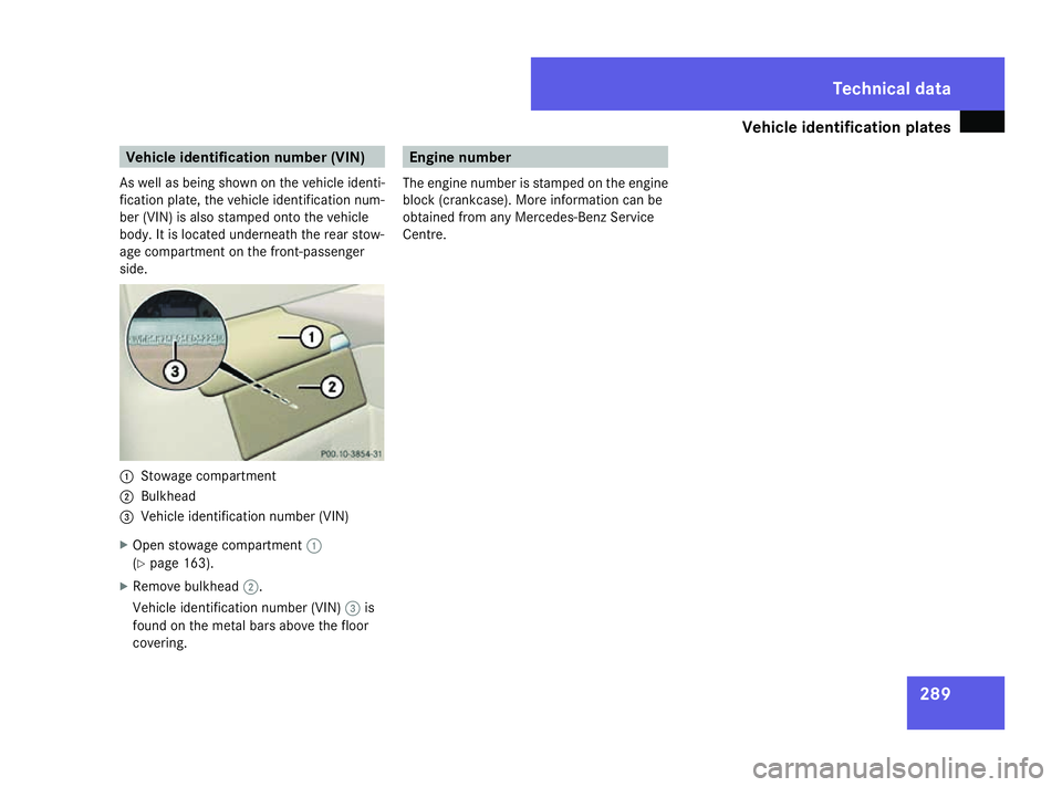 MERCEDES-BENZ SL ROADSTER 2008  Owners Manual Vehicle identificatio
nplates 289Vehicle identificatio
nnumber (VIN)
As well as being shown on the vehicl eide nti-
fication plate ,the vehicl eide ntification num-
be r(VIN) is also stampe donto the 