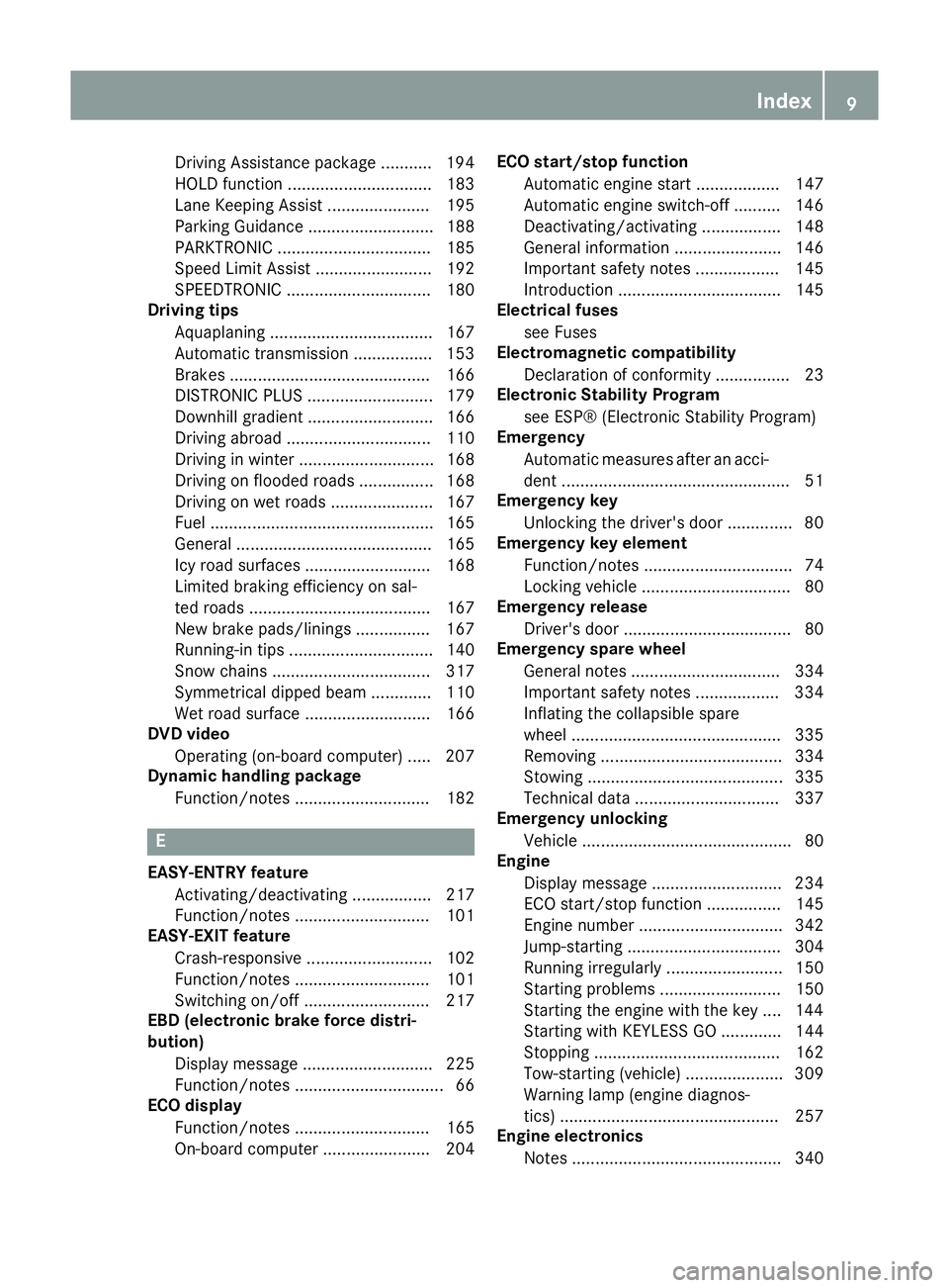 MERCEDES-BENZ SLK ROADSTER 2014 User Guide Driving Assistance packag
e........... 194
HOLD function ............................... 183
Lane Keeping Assist ...................... 195
Parking Guidance ........................... 188
PARKTRONIC 