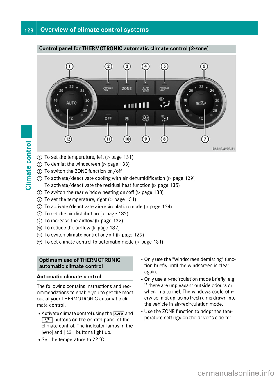 MERCEDES-BENZ SLK ROADSTER 2014 Owners Manual Control panel for THERMOTRONIC automatic climate control (2-zone)
:
To set the temperature, left (Y page 131)
; To demist the windscreen (Y page 133)
= To switch the ZONE function on/off
? To activate MERCEDES-BENZ SLK ROADSTER 2014 Owners Manual Control panel for THERMOTRONIC automatic climate control (2-zone)
:
To set the temperature, left (Y page 131)
; To demist the windscreen (Y page 133)
= To switch the ZONE function on/off
? To activate