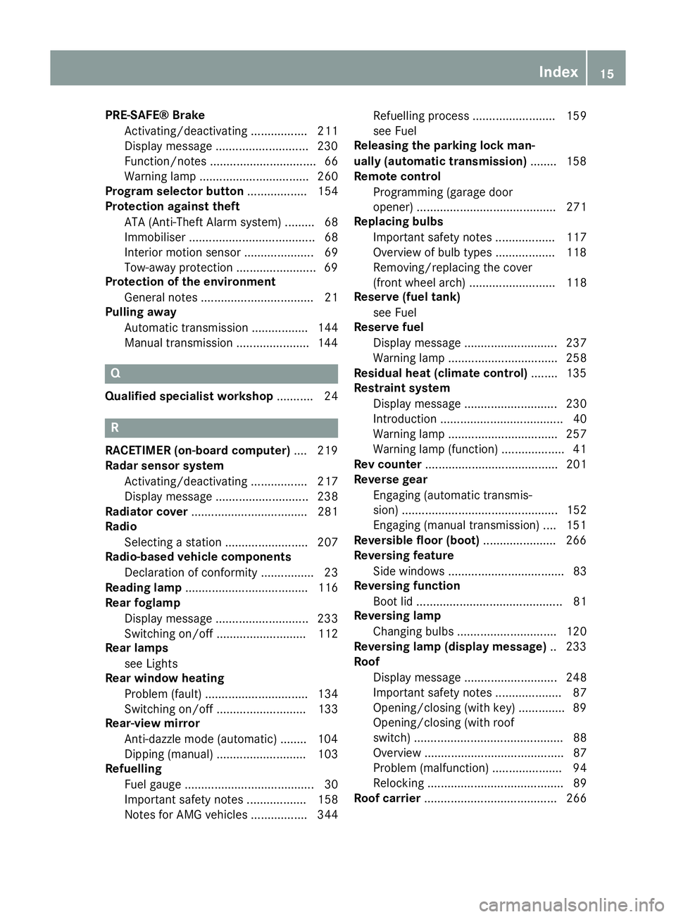 MERCEDES-BENZ SLK ROADSTER 2014 User Guide PRE-SAFE® Brake
Activating/deactivating ................. 211
Display message ............................2 30
Function/notes ................................ 66
Warning lamp ........................