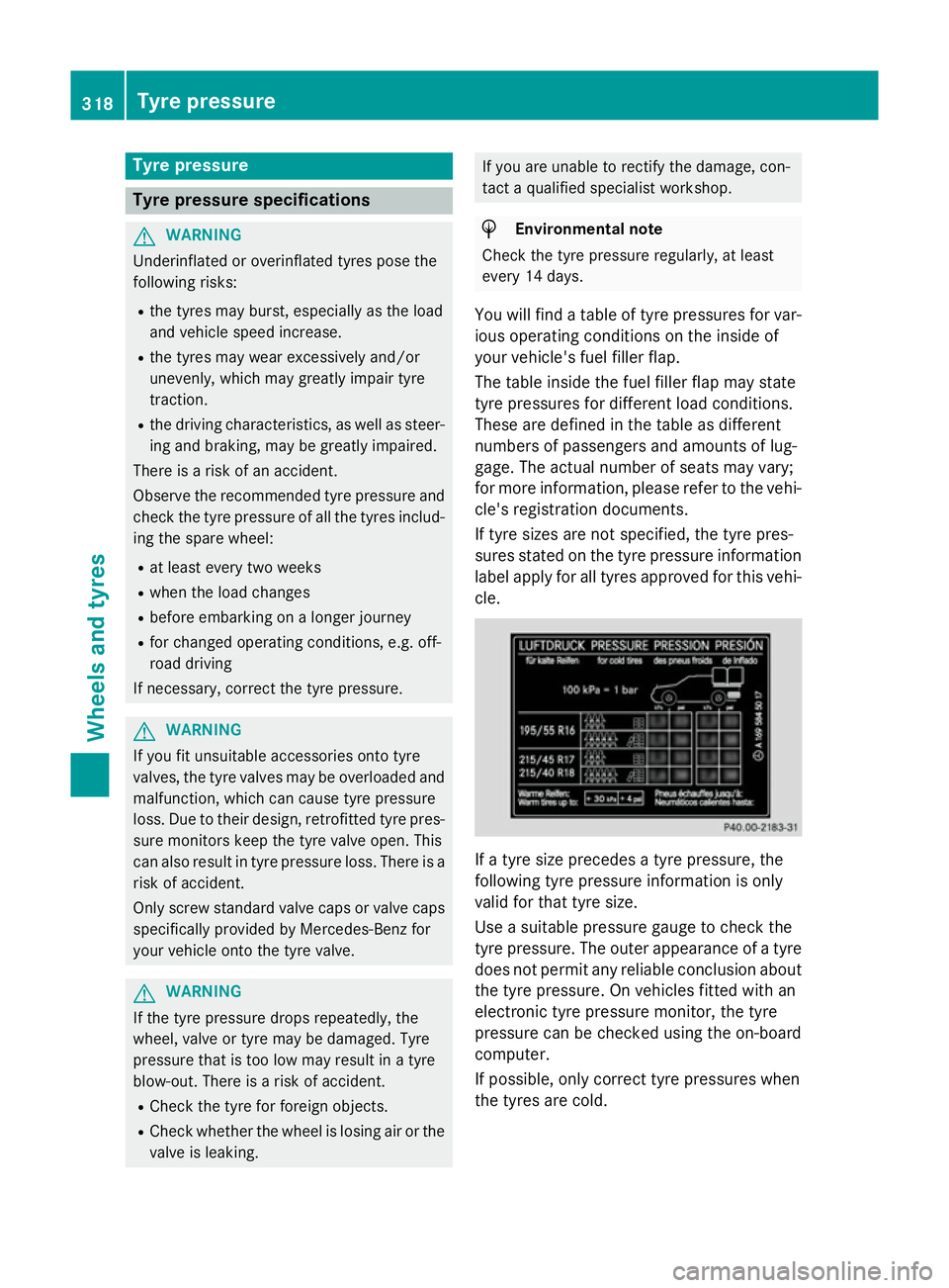 MERCEDES-BENZ SLK ROADSTER 2014 Owners Manual Tyre pressure
Tyre pressure specifications
G
WARNING
Underinflated or overinflated tyres pose the
following risks:
R the tyres may burst, especially as the load
and vehicle speed increase.
R the tyres MERCEDES-BENZ SLK ROADSTER 2014 Owners Manual Tyre pressure
Tyre pressure specifications
G
WARNING
Underinflated or overinflated tyres pose the
following risks:
R the tyres may burst, especially as the load
and vehicle speed increase.
R the tyres
