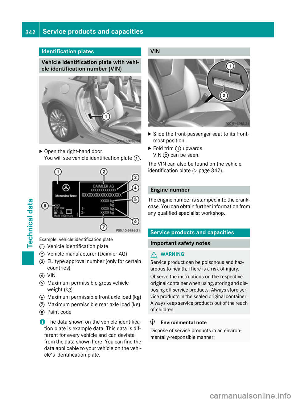 MERCEDES-BENZ SLK ROADSTER 2014 Owners Manual Identification plates
Vehicle identification plate with vehi-
cle identification number (VIN) X
Open the right-hand door.
You will see vehicle identification plate :.Example: vehicle identification pl MERCEDES-BENZ SLK ROADSTER 2014 Owners Manual Identification plates
Vehicle identification plate with vehi-
cle identification number (VIN) X
Open the right-hand door.
You will see vehicle identification plate :.Example: vehicle identification pl