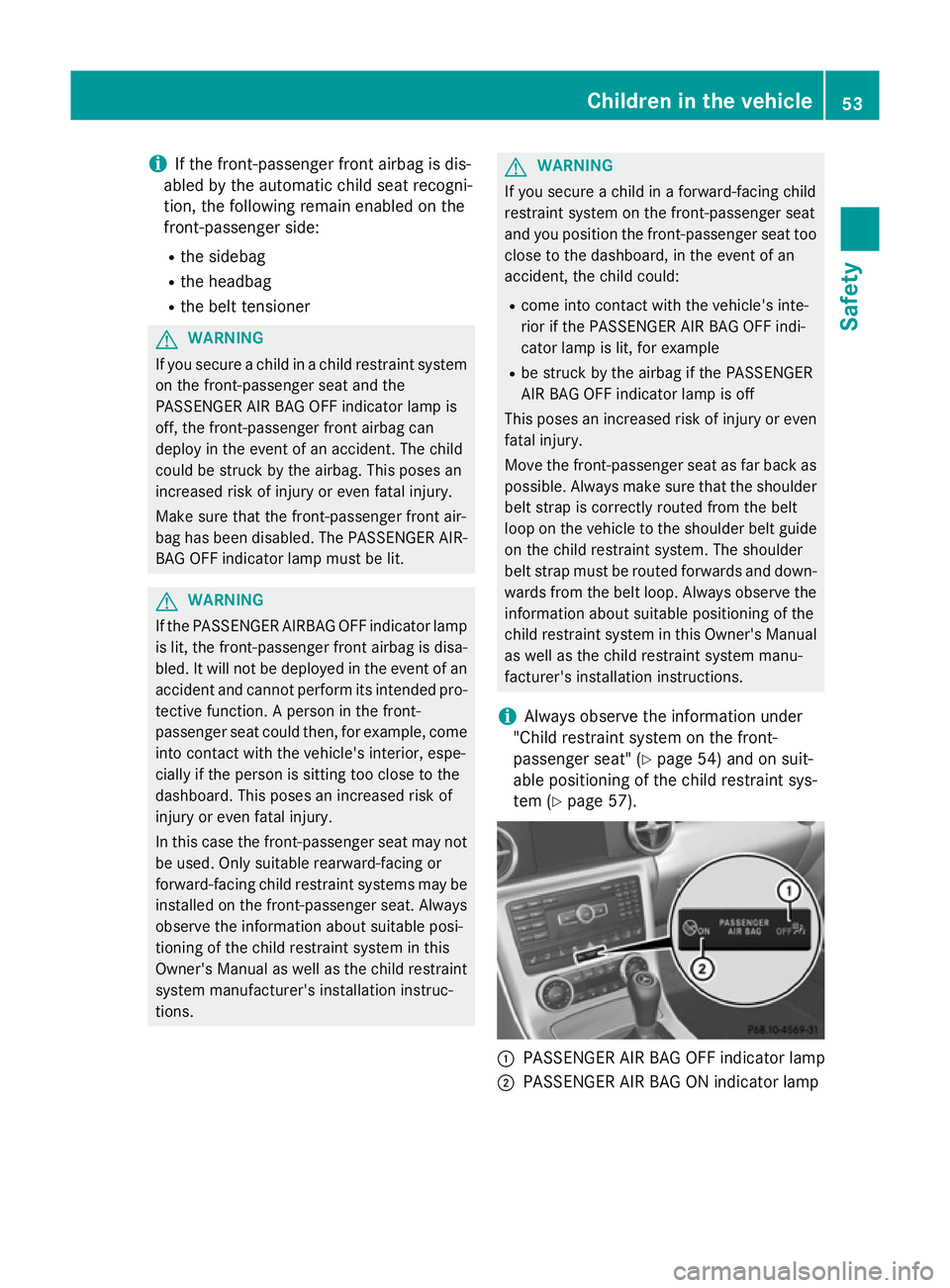 MERCEDES-BENZ SLK ROADSTER 2014 Workshop Manual i
If the front-passenger front airbag is dis-
abled by the automatic child seat recogni-
tion, the following remain enabled on the
front-passenger side:
R the sidebag
R the headbag
R the belt tensione MERCEDES-BENZ SLK ROADSTER 2014 Workshop Manual i
If the front-passenger front airbag is dis-
abled by the automatic child seat recogni-
tion, the following remain enabled on the
front-passenger side:
R the sidebag
R the headbag
R the belt tensione