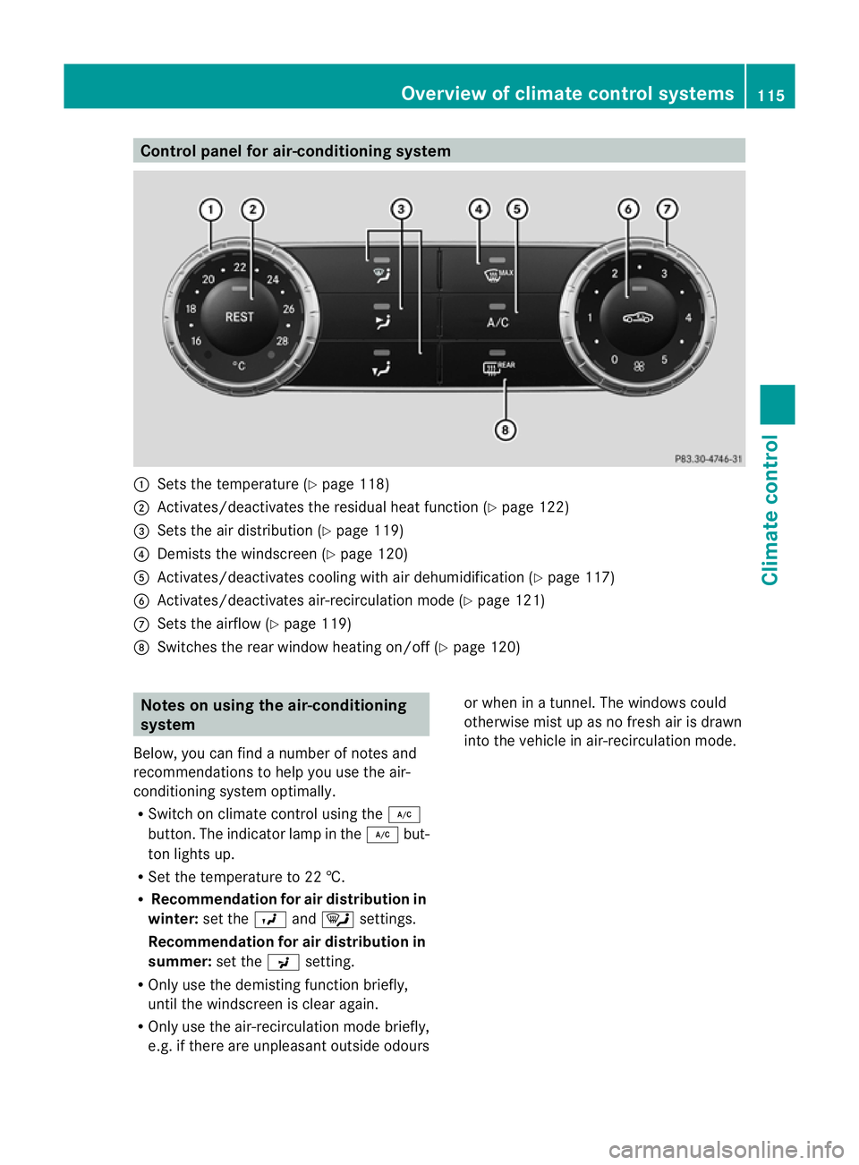 MERCEDES-BENZ SLK ROADSTER 2012  Owners Manual Control panel for air-conditioning system
:
Sets the temperature (Y page 118)
; Activates/deactivates the residual heat function (Y page 122)
= Sets the air distribution (Y page 119)
? Demists the win