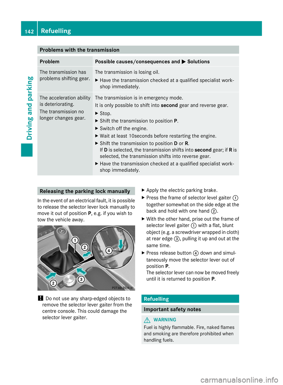 MERCEDES-BENZ SLK ROADSTER 2012 Owners Manual Problems with the transmission
Problem Possible causes/consequences and
M Solutions
The transmission has
problems shifting gear. The transmission is losing oil.
X
Have the transmission checked at a qu MERCEDES-BENZ SLK ROADSTER 2012 Owners Manual Problems with the transmission
Problem Possible causes/consequences and
M Solutions
The transmission has
problems shifting gear. The transmission is losing oil.
X
Have the transmission checked at a qu